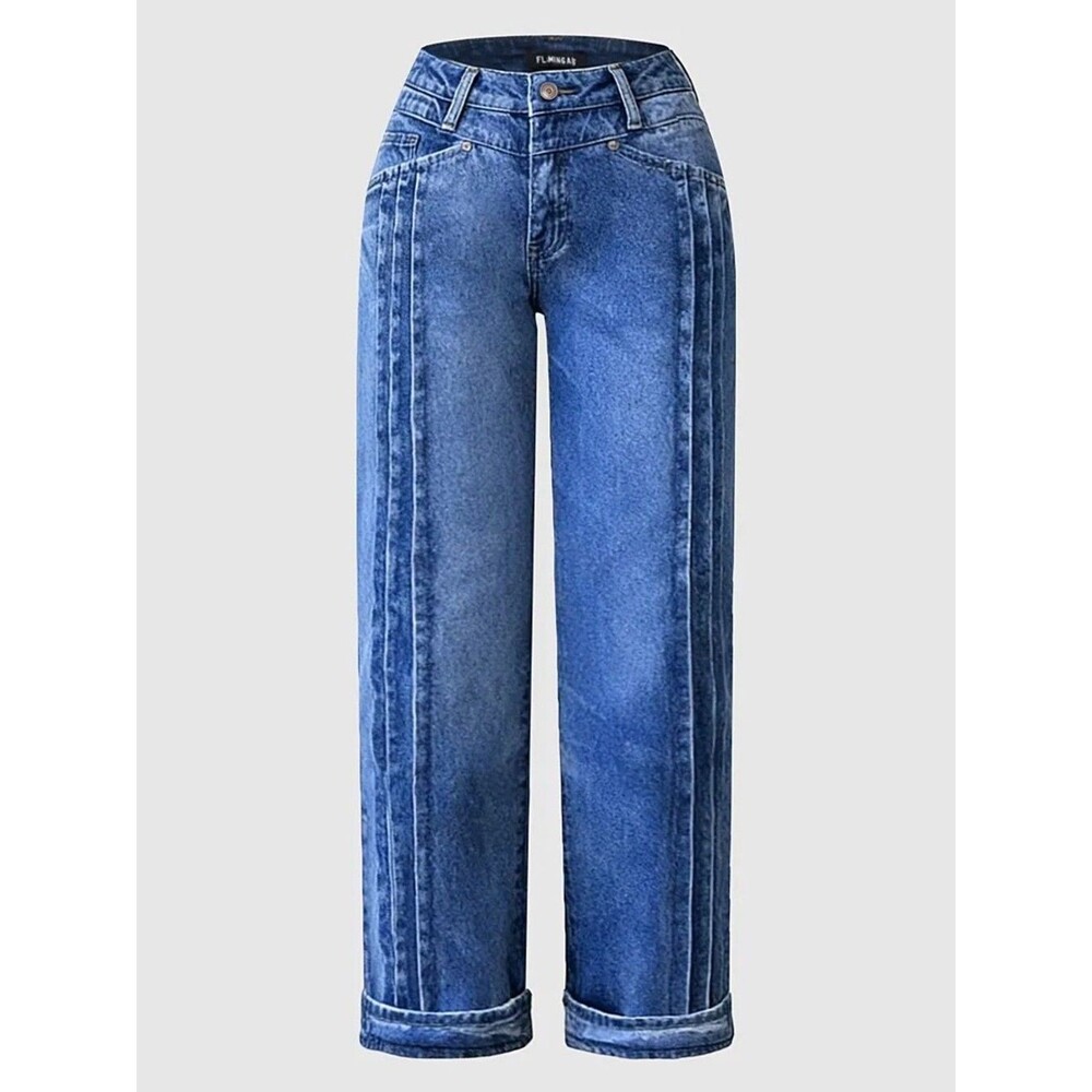 Flamingals NWT Wash Pleated High Rise Straight Leg Crop Jeans Mid Blue Size XS